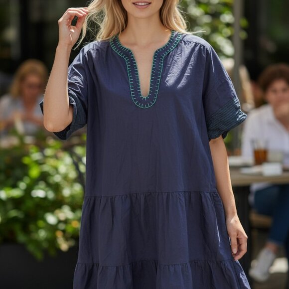 Tuckernuck Pomander Place Dress Cotton Blue Short Sleeve Tiered Knee Length XL - Picture 1 of 5